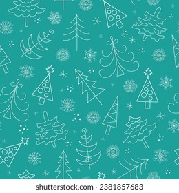 Pattern New Year fir . Set of christmas trees and snowflakes , doodle style, vector illustration. Seamless background. For decoration of gift wrapping, textiles, wallpaper.