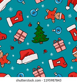 Pattern of new year on blue background. Cartoon elements of new year holiday in color.