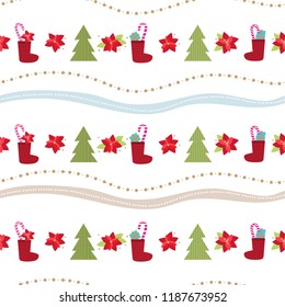 pattern with New Year trees, sweets, stars and poinsettia