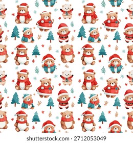 Un patrón de los osos del año Nuevo en sombreros y bufandas festivos, así como árboles de Navidad estilizados. Todos los Elementos se hacen en un esquema de color armonioso único. Creación de diseño festivo de packaging