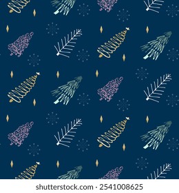 pattern New Year's Christmas trees gold silver white with stars on a blue background abstraction, design, background holiday texture