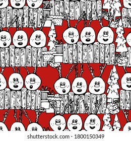 Patrón con ciervos de Año Nuevo, regalos. Humor festivo, Navidad. El ciervo canta una canción. Para textiles, embalaje, papel pintado. Fondo aislado, gráficos de mano
