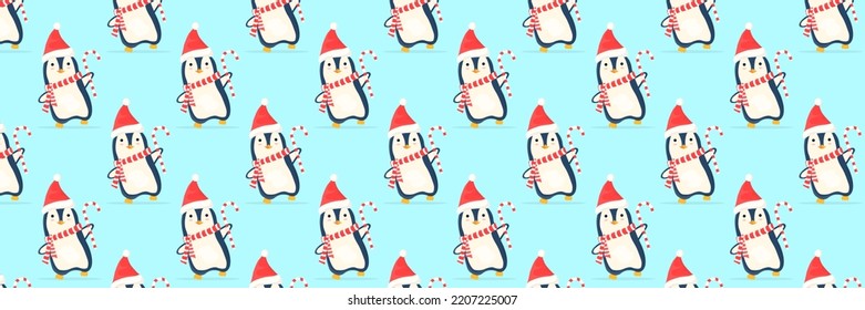 A pattern of New Year's penguins wearing a red New Year's hat. Panoramic Pattern.