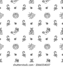 Pattern New Year's winter set of doodles in the hand-draw style. Gifts, new year wreath, sock, Christmas toys, lollipop, on an isolated white background. Vector Line Illustrations black and white