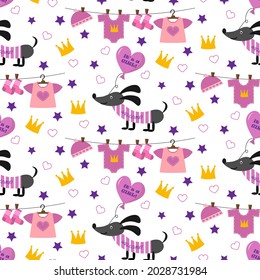 Pattern for a newborn girl with balloons. Children clothing - dress, hat. toys and dog. Vector illustration. For use in fabrics, prints, invitations, parties, packaging, covers and flyers, shops.