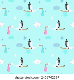 Pattern for newborn, the stork and baby, sky and stars. Seamless for printing. For banner or fabrics. Endless.