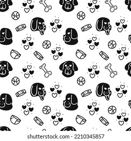 Pattern Newfoundland dog4. Seamless pattern with Newfoundland dog heads, bone, ball, bowl, collar, hearts. Black and white cartoon doodle illustration.
