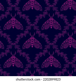 Pattern with a night butterfly and leaves. Pattern with butterflies.