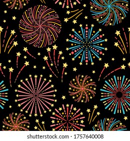 Pattern with night fireworks. For birthday party. Design concept for holidays greeting cards, festival decoration, gift card. Vector party backdrop