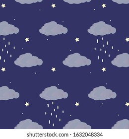 Pattern of the night sky with a clouds and stars for fabric, wallpaper. Vector graphics.