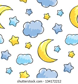 pattern with night sky elements, hand drawn vector illustration