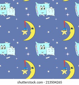 pattern with night sky, moon, pillows and stars, hand drawn vector illustration