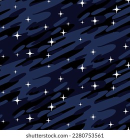 Das Muster des Nachthimmels mit Sternen. Müll auf blauem Hintergrund. Glühende Sterne auf blauem Hintergrund. Geeignet für den Druck auf Textilien und Papier. Geschenkverpackung, Banner, Flieger, Tapete, Bettwäsche