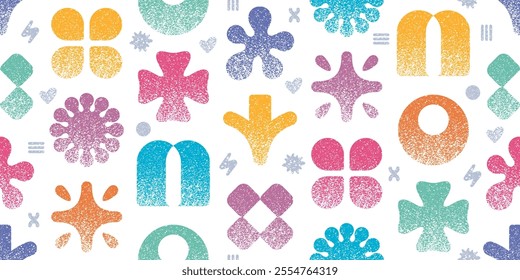 Pattern with noise grain shape. Gradient abstract figure. Circle, arrow, star element with halftone gradation. Vector color noise dot. y2k grafitti design. Geometric seamless grain shape pattern bg