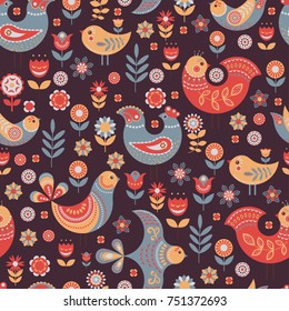 Pattern Nordic Style With Flowers and Birds.