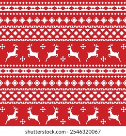 Pattern with nordic winter ornament with reindeer and snowflakes on red background