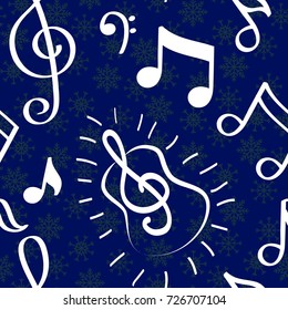 Pattern notes. Background music. Vector illustration. Blue snowflakes.