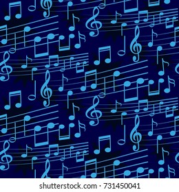 Pattern notes. Background music. Vector illustration. Dark stars on a blue background.