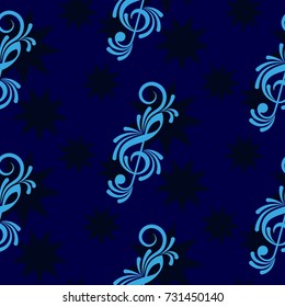 Pattern notes. Background music. Vector illustration. Dark stars on a blue background.