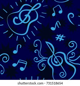 Pattern notes. Background music. Vector illustration. Dark stars on a blue background.