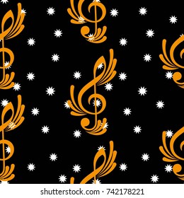 Pattern notes. Background music. Vector illustration. White stars on a black background.