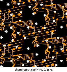 Pattern notes. Background music. Vector illustration. White stars on a black background.