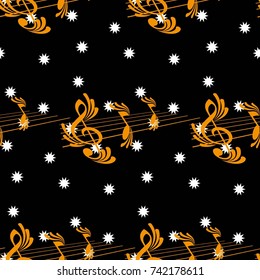 Pattern notes. Background music. Vector illustration. White stars on a black background.