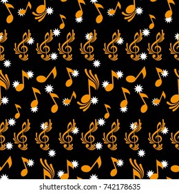 Pattern notes. Background music. Vector illustration. White stars on a black background.