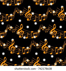 Pattern notes. Background music. Vector illustration. White stars on a black background.