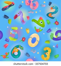 Pattern from numbers like birds in fairy style / Seamless pattern from numbers in fairy style like different birds. Bright and colorful gradient illustration
