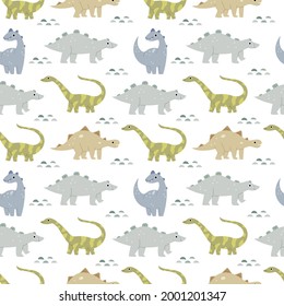 Pattern in the nursery with cute dinosaurs. Jurassic reptiles. Pastel colors. Brachiosaurus, ptereosaurus, tyrannosaurus, spinosaurus, talarus.
