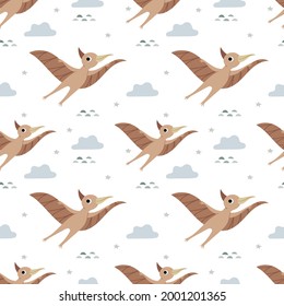 Pattern in the nursery with cute dinosaurs. Jurassic reptiles. Pastel colors. Brachiosaurus, ptereosaurus, tyrannosaurus, spinosaurus, talarus.
