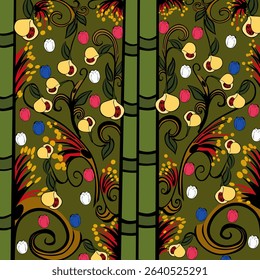 The pattern of nutmeg surrounded by tulips and bamboo symbolizes the story that in the17th century the Chinese and Dutch came to the Banda Island. Grass with gold spots symbolize nutmeg has high value