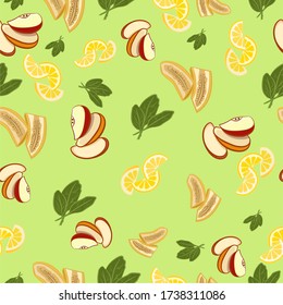 pattern.  nutritious food.  pattern of healthy food.  apples.  bananas.  lemon.  spinach leaves.