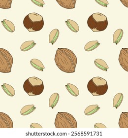 Pattern with nuts, hand drawn walnut pistachio and hazelnut. Healthy eating concept, raw food diet.