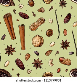 Pattern Nuts and spices line drawn on a white background. Sketch of food. Walnut, cocoa beans, vanilla, Gorica, almonds, hazelnuts, peanuts, anise