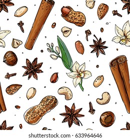 Pattern Nuts and spices line drawn on a white background. Sketch of food. Walnut, cocoa beans, vanilla, Gorica, almonds, hazelnuts, peanuts, anise