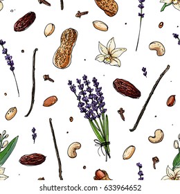 Pattern Nuts and spices line drawn on a white background. Sketch of food. Walnut, cocoa beans, vanilla, Gorica, almonds, hazelnuts, peanuts, anise