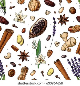 Pattern Nuts and spices line drawn on a white background. Sketch of food. Walnut, cocoa beans, vanilla, Gorica, almonds, hazelnuts, peanuts, anise