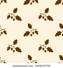 Pattern with oak branch with acorns, brown silhouette drawing on pastel background.