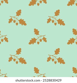 Pattern oak branch with acorns, gold silhouette drawing on mint green background.