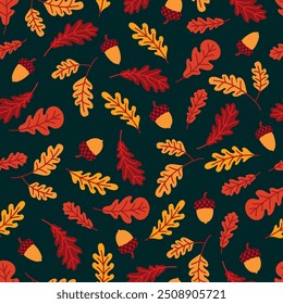 Pattern with oak leaves and acorns. Autumn pattern with acorns on a green background. Ideal for fabric and wrapping paper. 