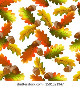 Pattern of oak leaves and acorns on a white background.Colored oak leaves and acorns in the pattern.