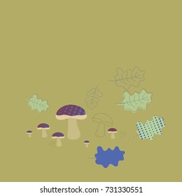 Pattern  of oak leaves, mushrooms, halftone. Hand drawn.