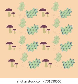 Pattern  of oak leaves, mushrooms, halftone. Hand drawn.