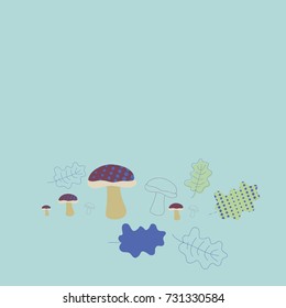 Pattern  of oak leaves, mushrooms, halftone. Hand drawn.