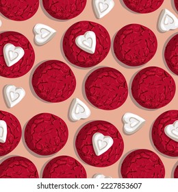 A pattern of oatmeal cookies with white chocolates in the shape of a heart. Red recurring biscuits. Suitable for printing on textiles and paper. Festive packaging for Valentine's Day. kitchen.