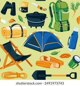 Pattern of objects for camping. Tourism, active recreation, hiking and travel. Vector flat illustration
