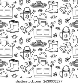 pattern with objects for gardening and garden maintenance. Gardening clothes, leaves, watering can, grass, gloves. Contour texture. Suitable for gardening blogs, packaging of garden supplies
