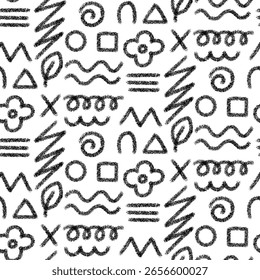 Pattern of objects, graffiti scribbles, hand-drawn with spray paint, large sprayer. Vector strokes, zigzags, curls. Lines of many dots. Package of abstract wavy strokes. Seamless texture